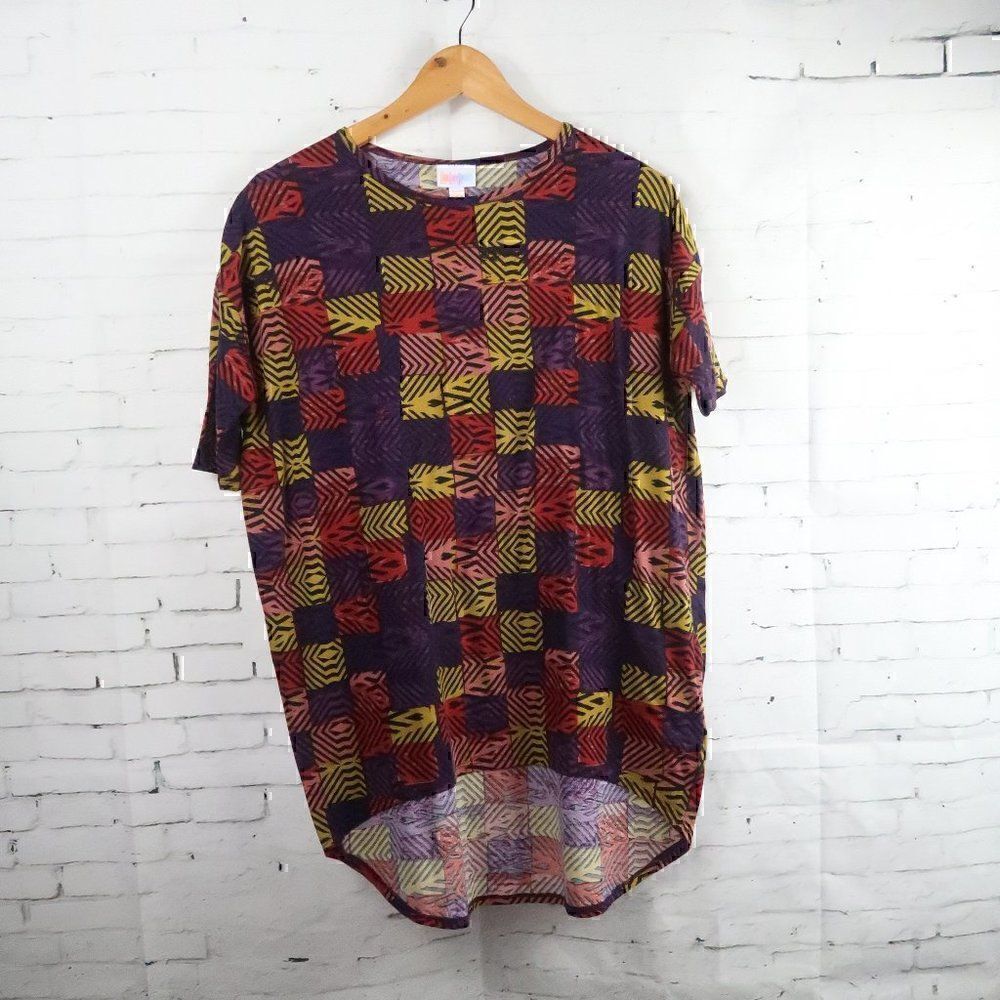 LULAROE MULTI COLOR GEOMETRIC DESIGN SHORT SLEEVE HIGH LOW TOP SIZE XXS